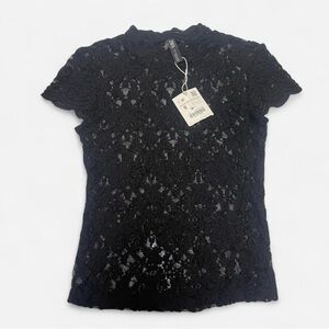 NWT ZARA Black Lace Short Sleeve Top Mock Neck Sz Small Night Out Party Concert